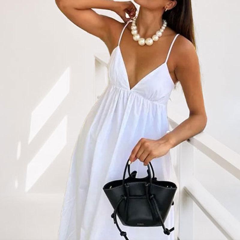 Spring 2025 V-Neck Backless Spaghetti Strap Dress with Large Hem