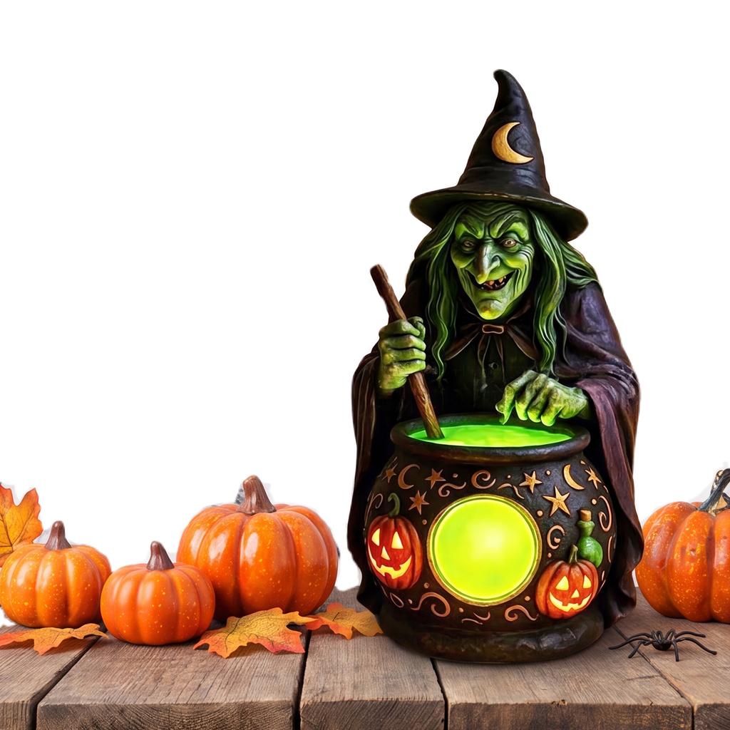 Scary Resin Witch Cauldron LED Lamp Halloween Glowing Decoration Spooky Night Light for Home Party Outdoor Store Haunted House