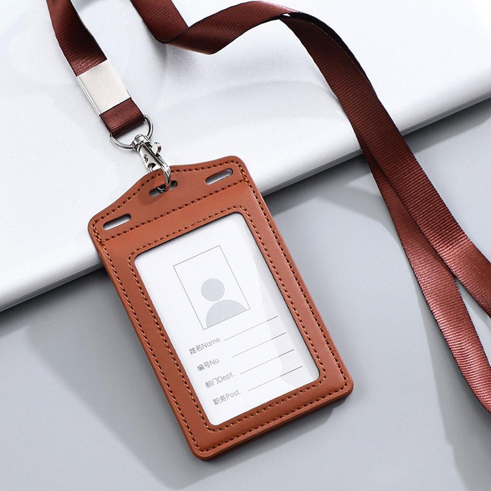 High Quality PU Leather Work Card Holder With Neck Lanyard Solid Color ID Card Cover Chest Cards Cases Business