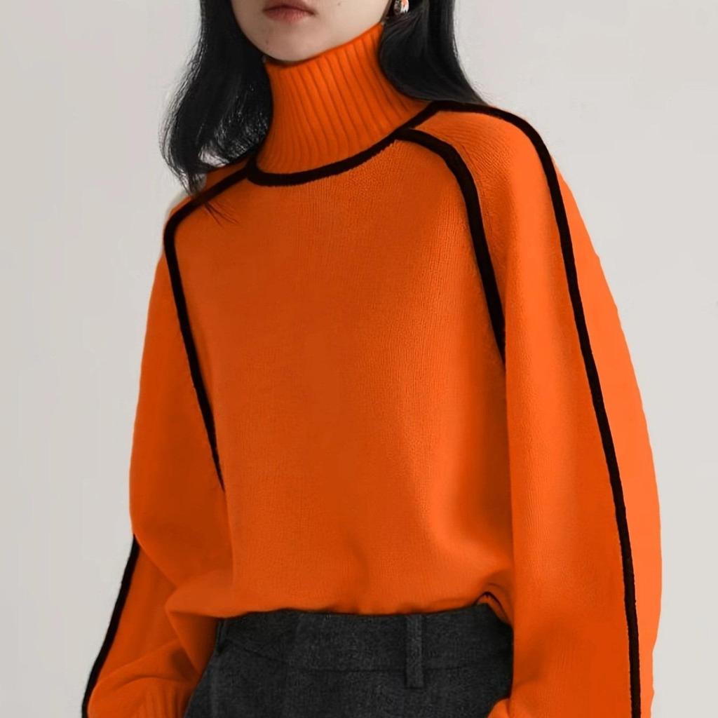 Women's Elegant Sweater Long Sleeve Turtleneck Pullover Sweater In Light Blue & White Horizontal Stripes Classic Knitwear Comfortable Stylish Top