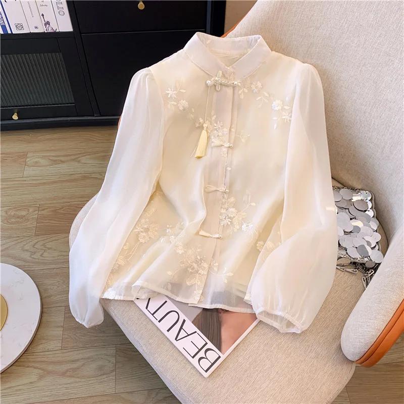 Chiffon Chinese Style Women s Shirt Summer Vintage Embroidery Blouses Loose Long Sleeves Women Tops Fashion Clothing S бежевый
