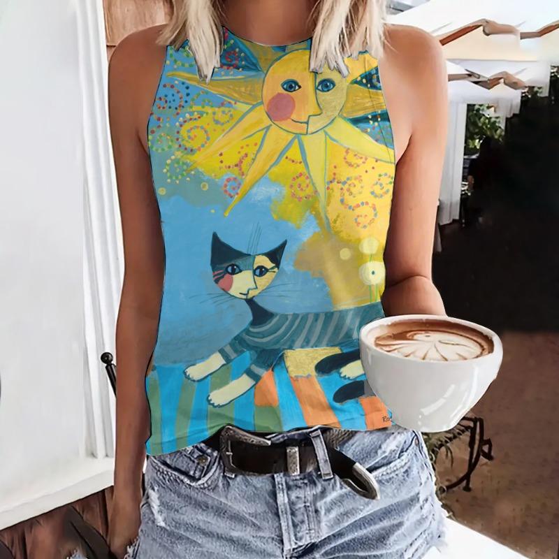 Summer Funny Face Cat 3D Print Tank Tops Women Fashion Streetwear Oversized O-Neck Oest Off Shoulder Sleeveless Woman Camisole