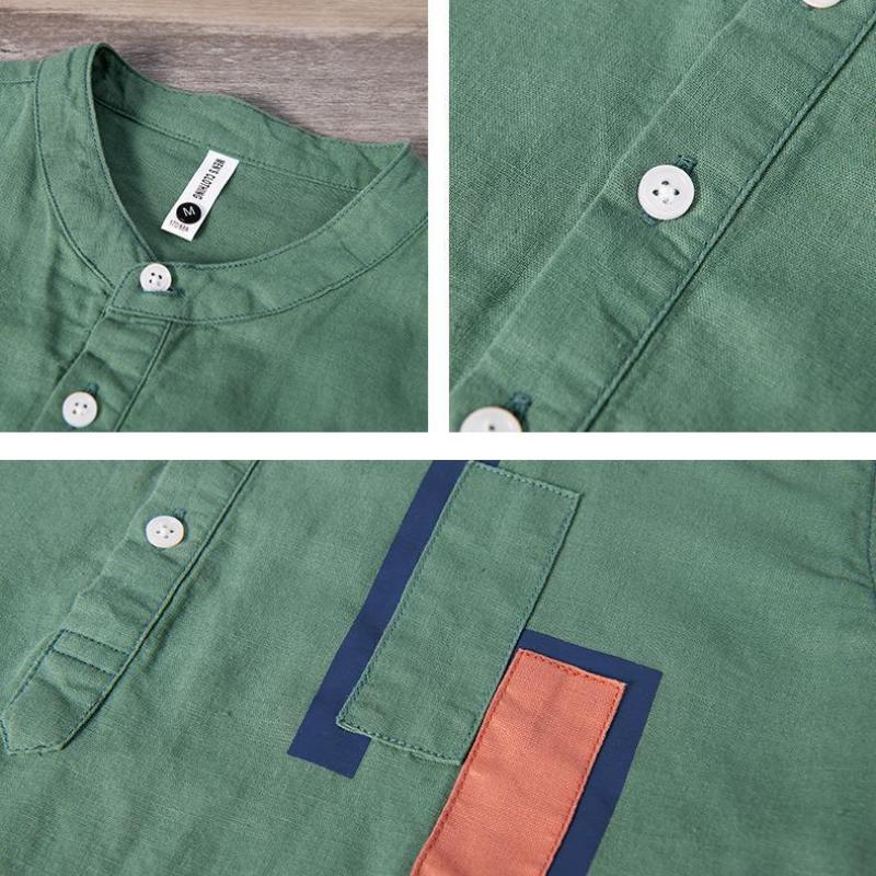 Summer Fashion Short Sleeve Shirts Daily Casual Men Tops Stitching Stand Collar Pullovers Shirt Youth Cotton Linen Breathable Men Clothing