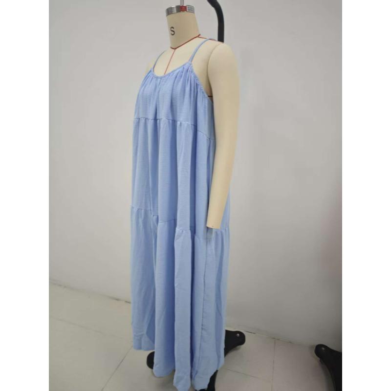 Women Summer Boho Spaghetti Strap Tiered Maxi Dress, Loose Flowy Pocket Solid Sundress, Lightweight Blend Fabric Casual Beach Resort Vacation Dress