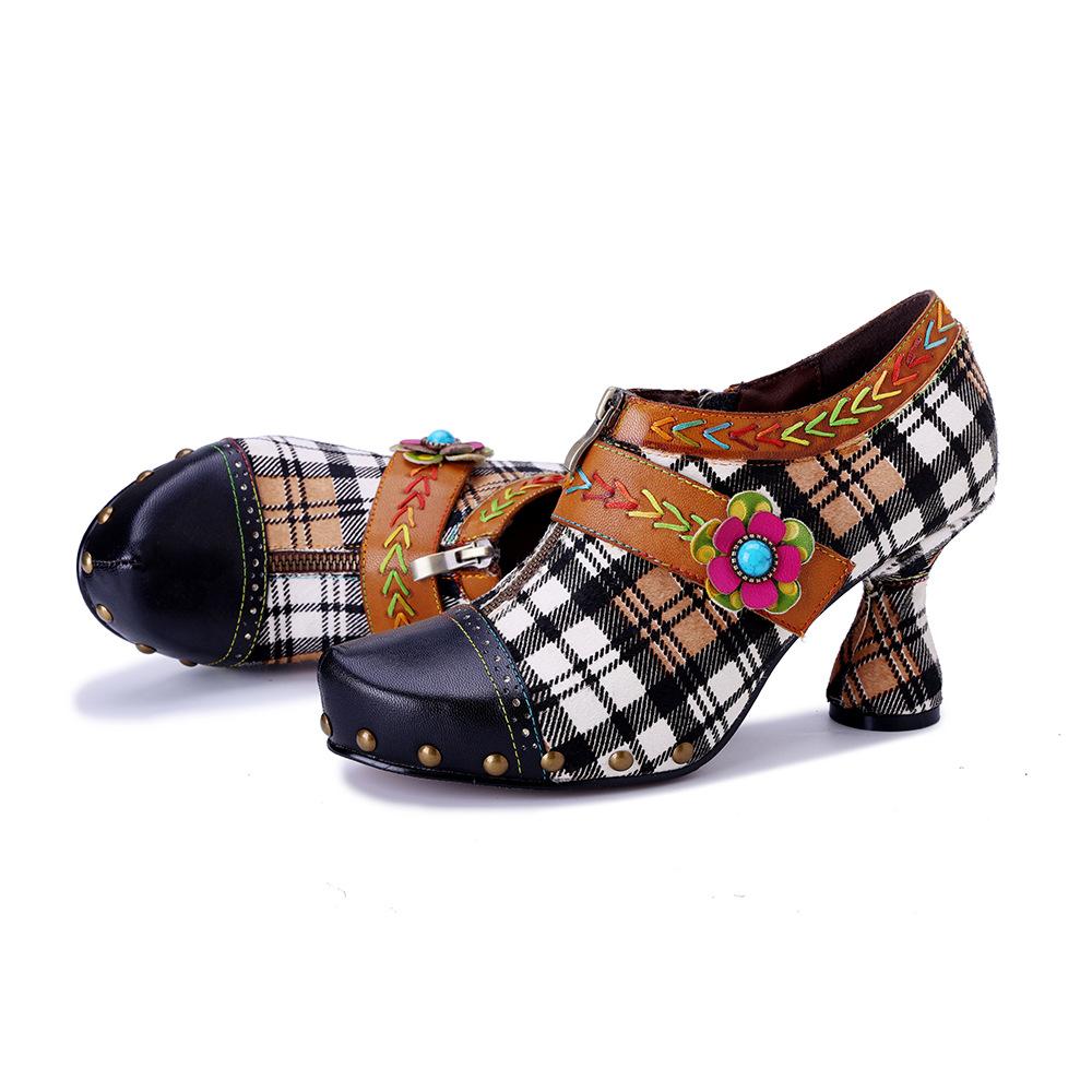 Johnature Retro Plaid Patchwork Comfortable High Heels Genuine Leather Rivet Fashion Women's Pumps
