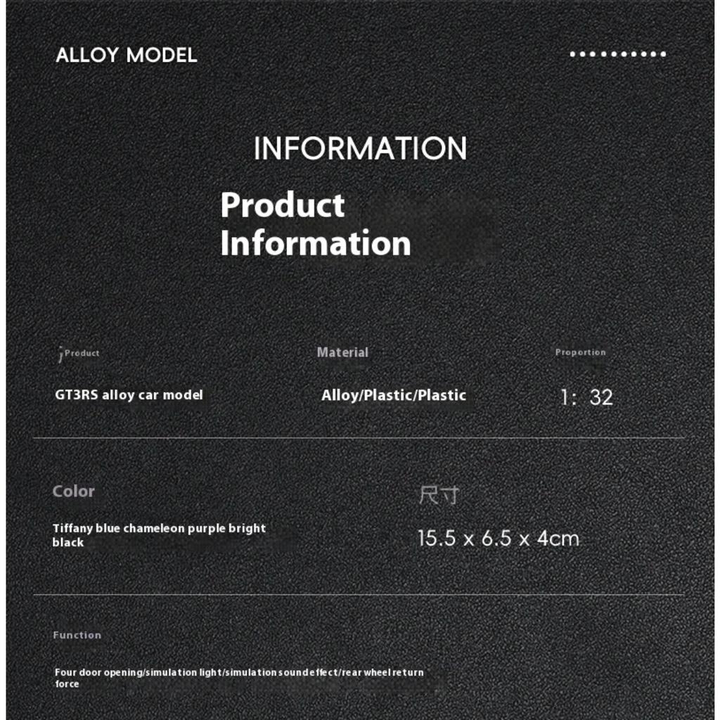 1/32 Porsche GT3 RS Supercar Alloy Diecast Metal Model Computer Desktop Ornaments Sound & Light Toy Children Birthday Toy Gift