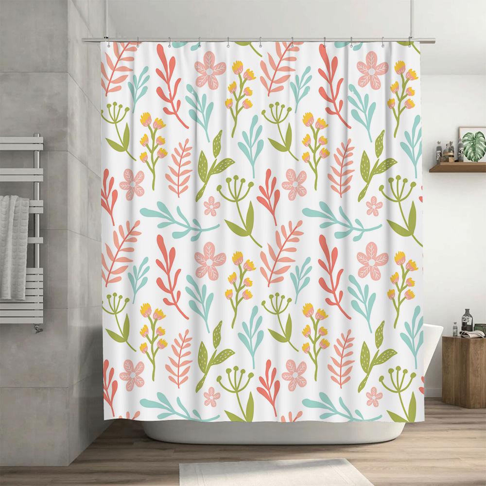 Patterned Shower Curtain Fabric Decorative Waterproof Bathtub Liner for Bathroom Coral Pink Green Yellow Flowers Leaves Print 3D