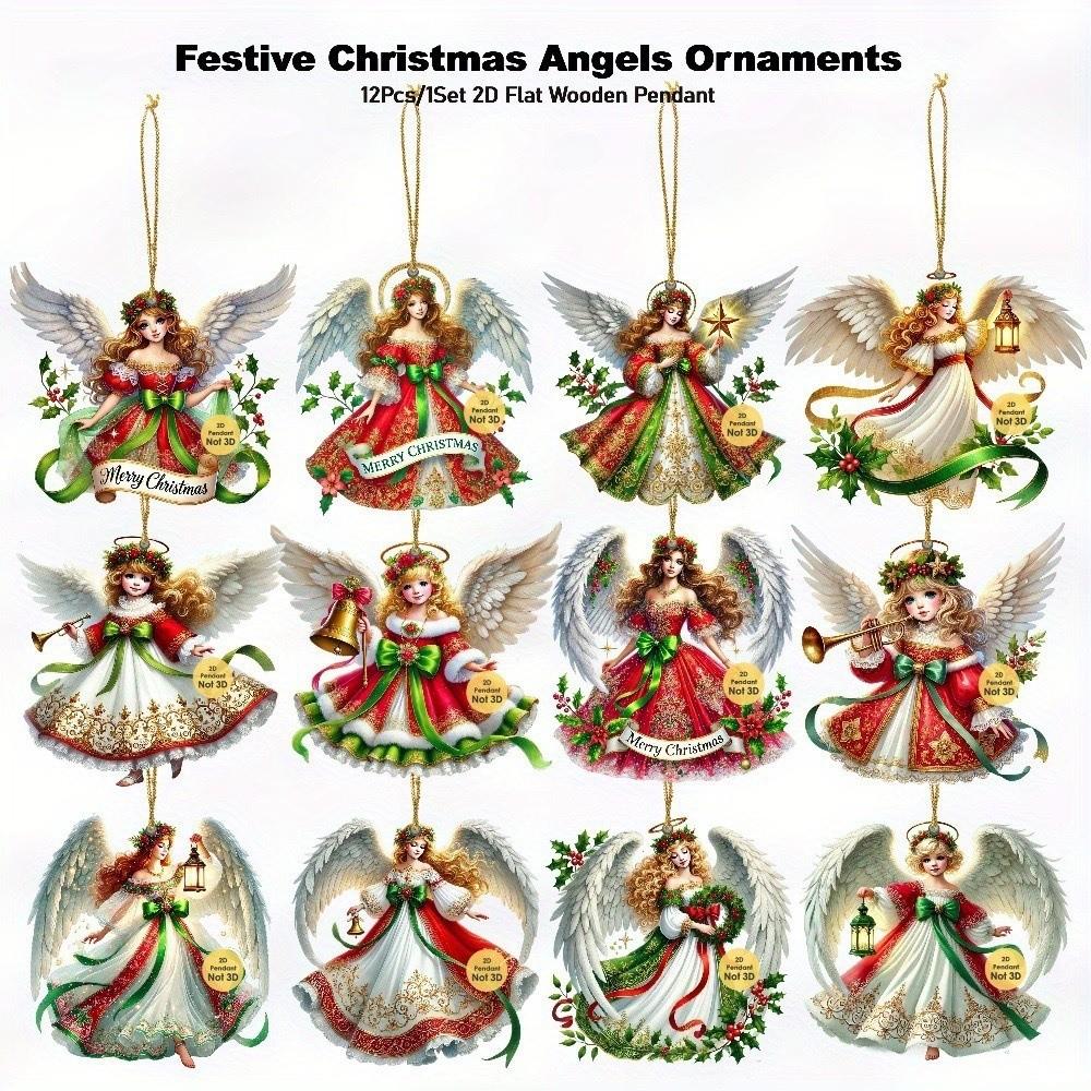 12Pcs Handcrafted Victoria Angel Ornament Set Wooden Christmas Decorations New Xmas Tree Pendant