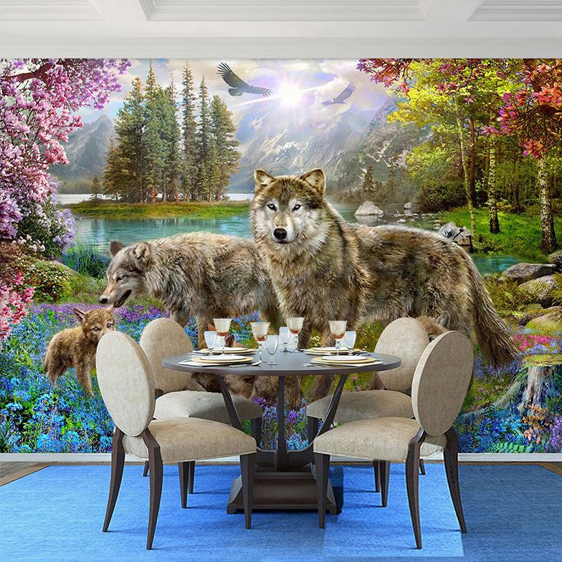 Custom 3D Wall Mural Wallpaper Forest Red Peach Blossom Gray Wolf Animal Children Fresco Kid's Room Decor Papier Peint Enfant