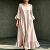 Women Round Neck Bell Sleeve Ruffle Hem Maxi Dress with Pockets Solid Color Casual Loose Fit Dress