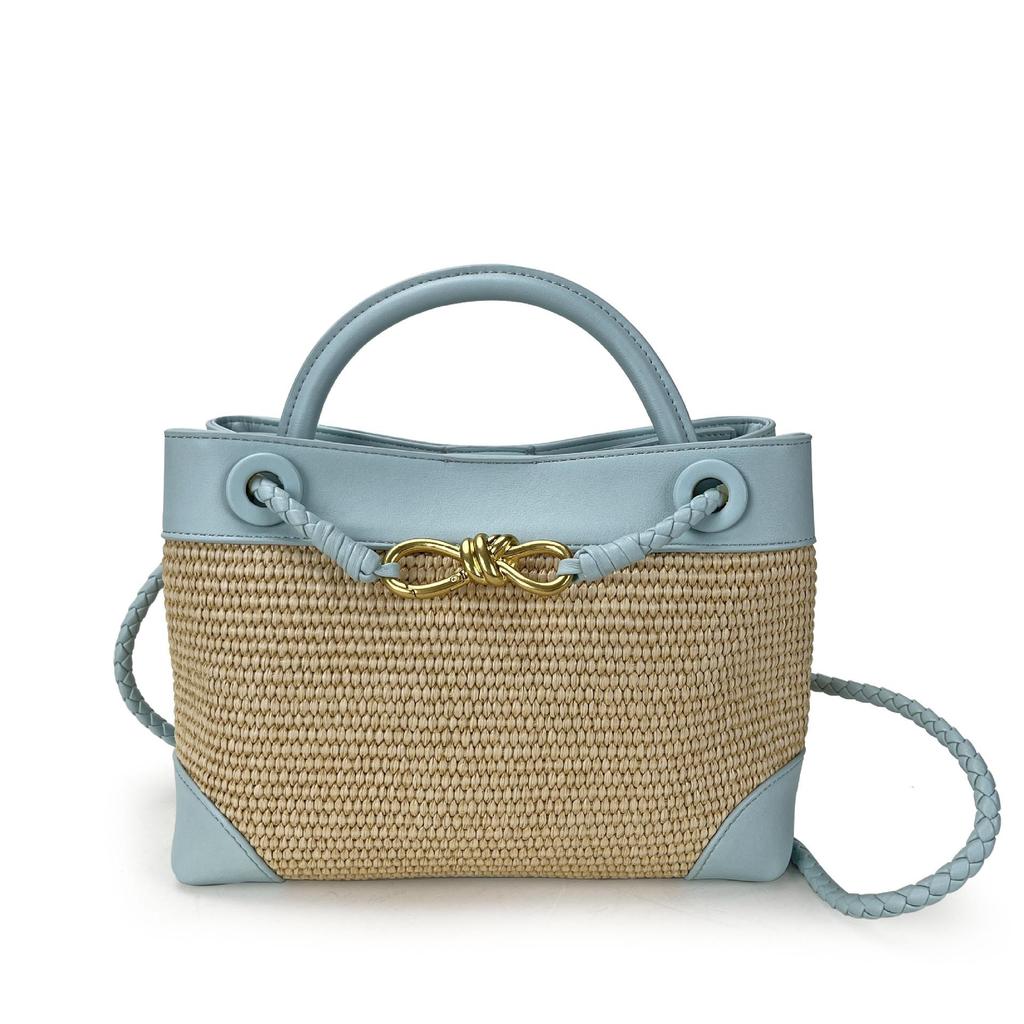 2026 New Eight Character Metal Bow Leather Splicing Lafite Grass Handmade Straw Single Shoulder Crossarm Handbag