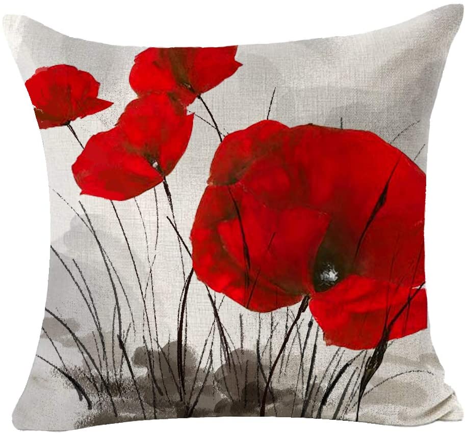 Charming Retro Watercolor Oil Painting Red Poppy Cotton Linen Throw Pillow Case Cushion Cover New Home Office Indoor Decorative