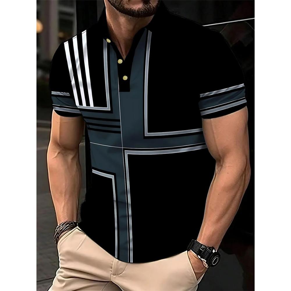 Simple Striped Polo Shirts For Men Summer Casual Short Sleeve 3D Printed Business Polo Shirt Loose Breathable Daily Wear Tees