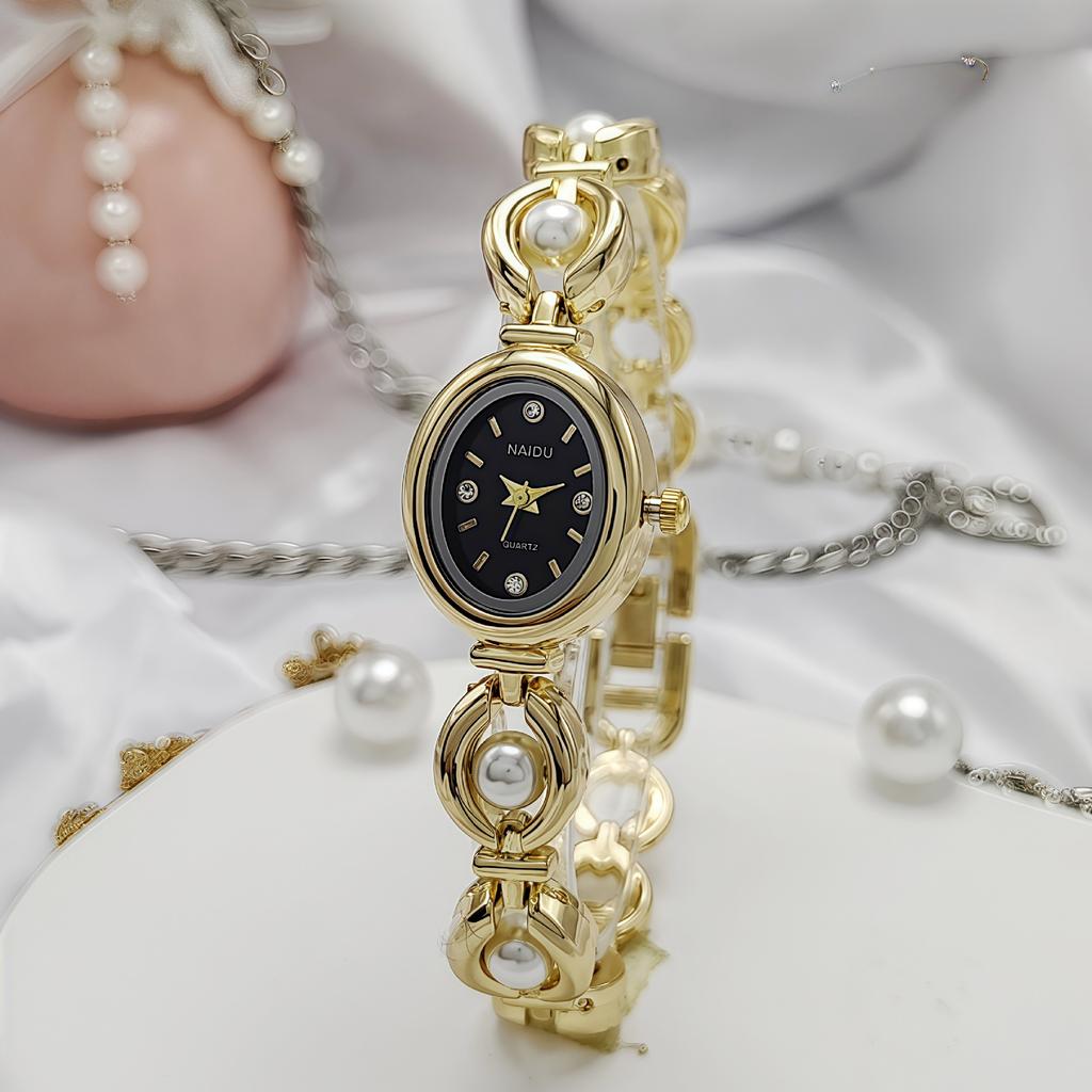 Vintage Oval Quartz Wristwatch Simulation Pearl Bracelet Watche for Women Watches