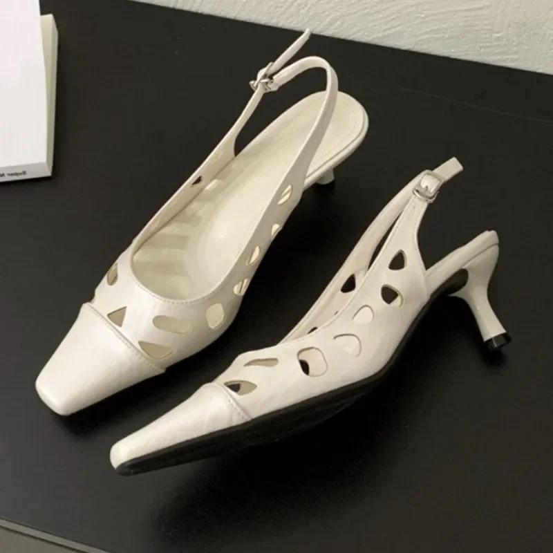 Fashion Comfort Hollow High Heeled Sandals Women Fashion Square Toe Buckle Kitten Heel Brand Designer Shoes Elegant Outdoor Office Shoes