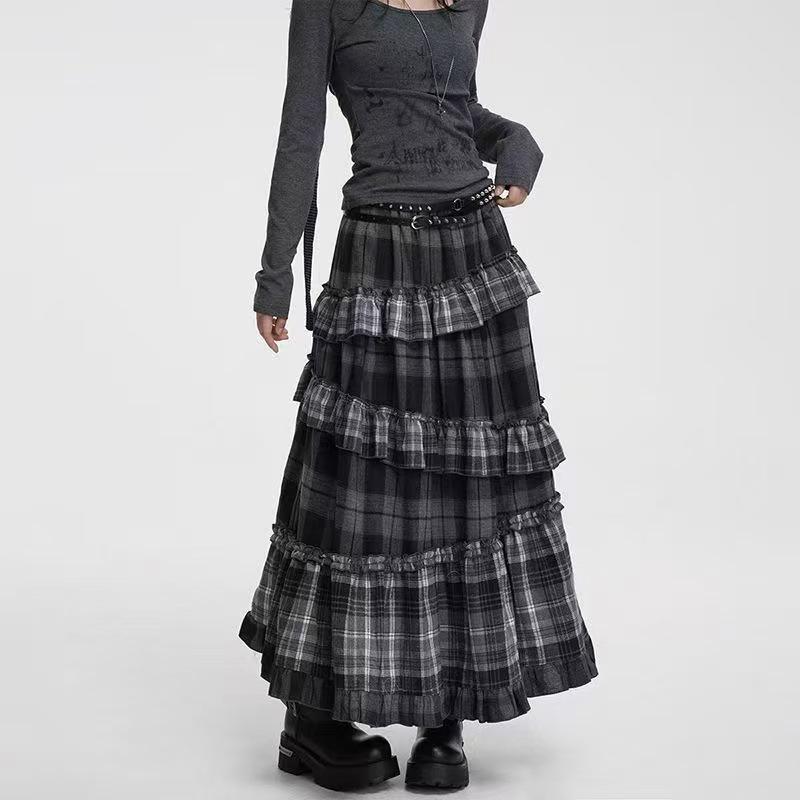 Meilade Brown Plaid Midi Skirt - Autumn Season, Long-Length