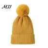 Warm Knitted Hats Winter Hat with Fluffy Fur Ball, Thick Cuffed Cap, Elastic Soft Outdoor Travel Headgear Stretchy Fabric Solid Color for And