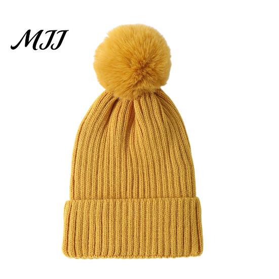 Warm Knitted Hats Winter Hat with Fluffy Fur Ball, Thick Cuffed Cap, Elastic Soft Outdoor Travel Headgear Stretchy Fabric Solid Color for And