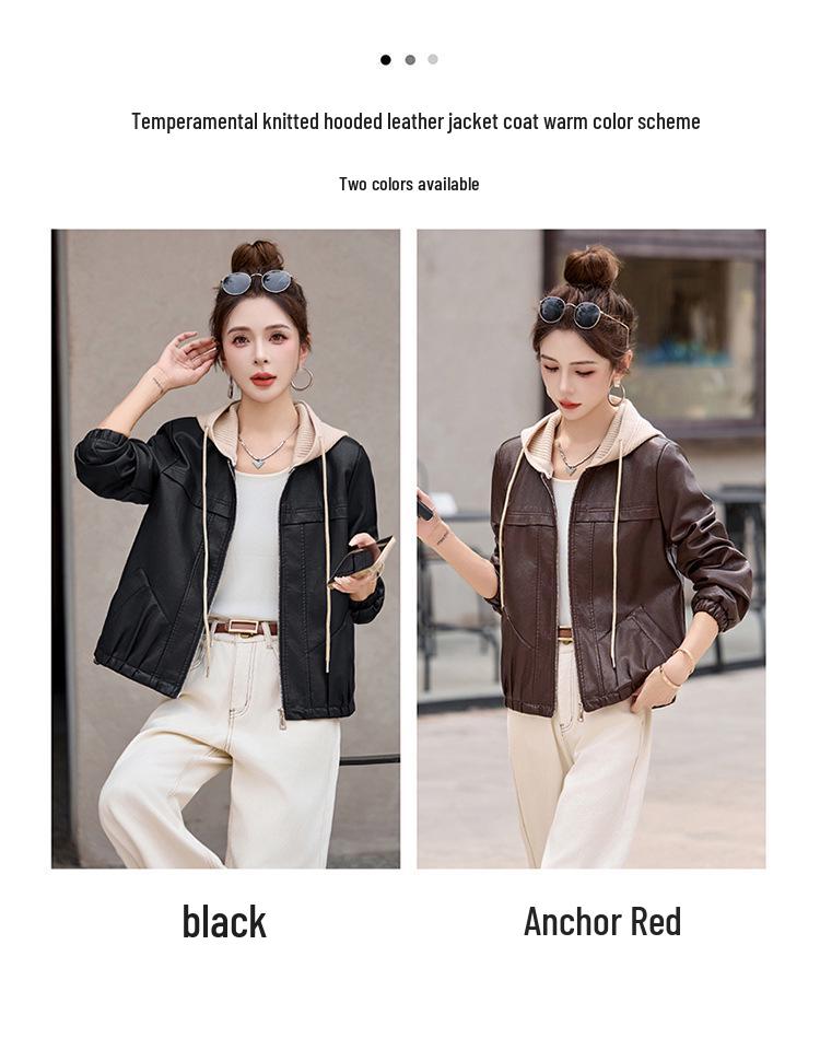 Women's Genuine Leather Short Jacket with Detachable Knitted Hood - Italian Style Casual Lambskin Coat