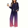 Women's Pajama Set with Pockets, Round Neck Long Sleeve Loose Fit Printed Casual Loungewear for Sleeping at Home