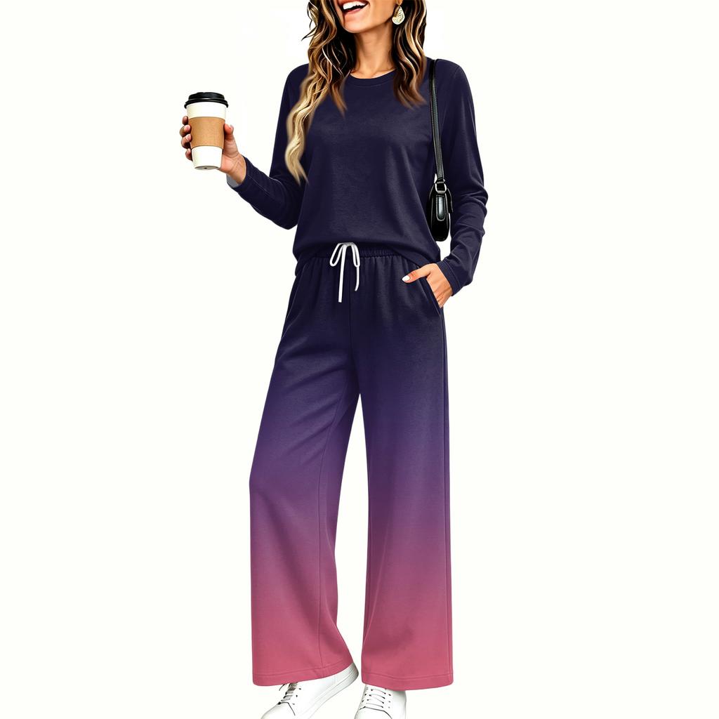 Women's Pajama Set with Pockets, Round Neck Long Sleeve Loose Fit Printed Casual Loungewear for Sleeping at Home