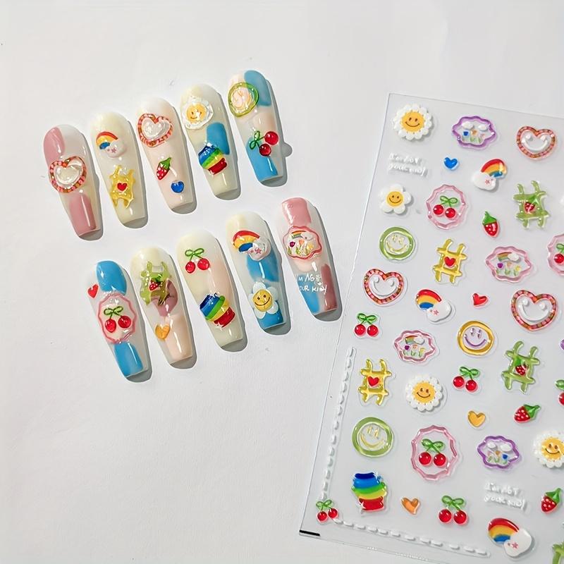 Summer Dopamine 3D Jelly Glue Nail Art Stickers, Cartoon Patterns with Heart, Cherry, Sunflower, Plastic Self-Adhesive for DIY Manicure