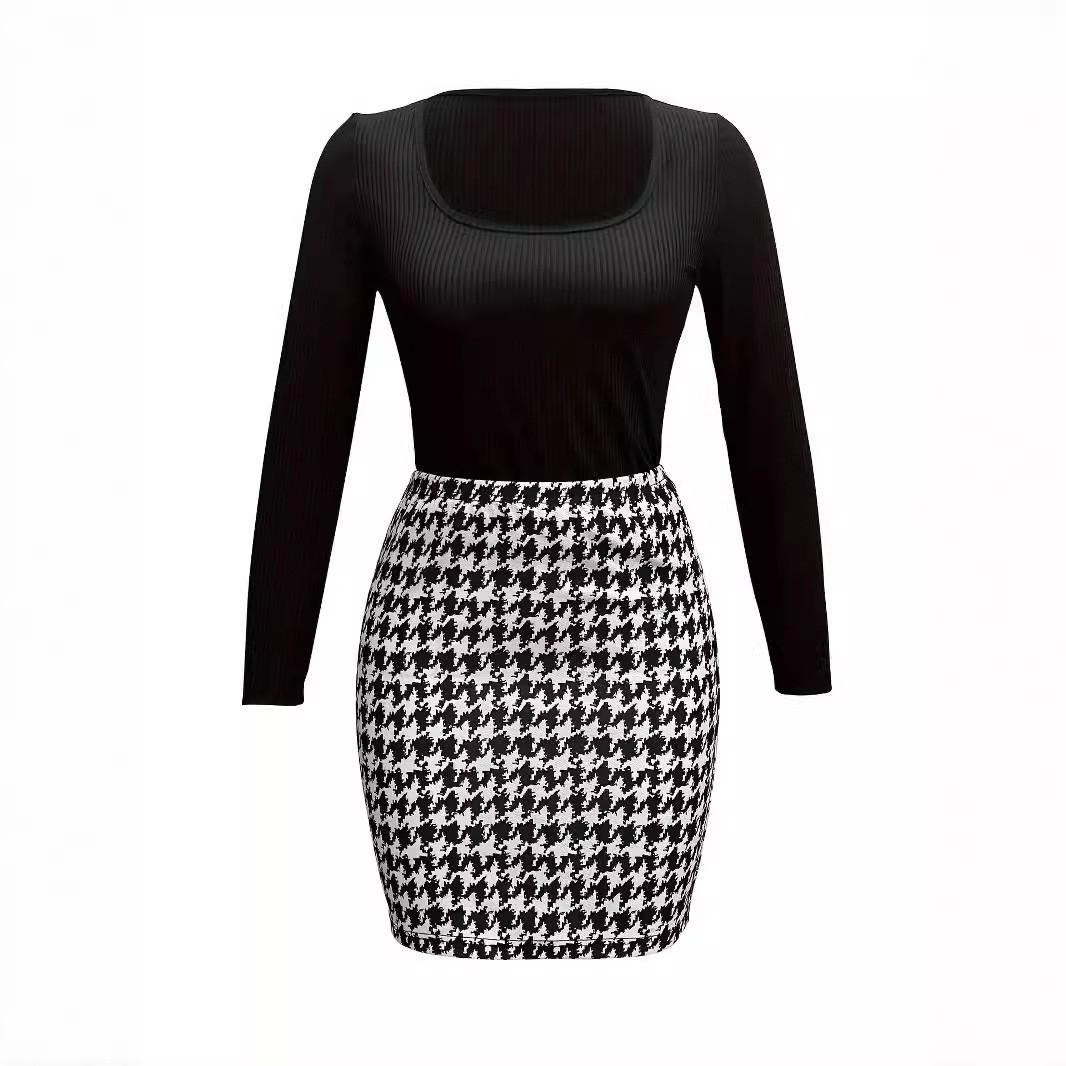 Knitted long-sleeved bottoming shirt Printed hip-wrapped skirt Elastic versatile two-piece suit Women s casual suit fashion size s чёрный