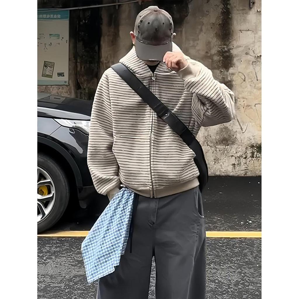 Unisex Retro Bluza z kapturem na zamek w paski Kardigan na wiosnę/jesień - Casualowa, Luźny krój