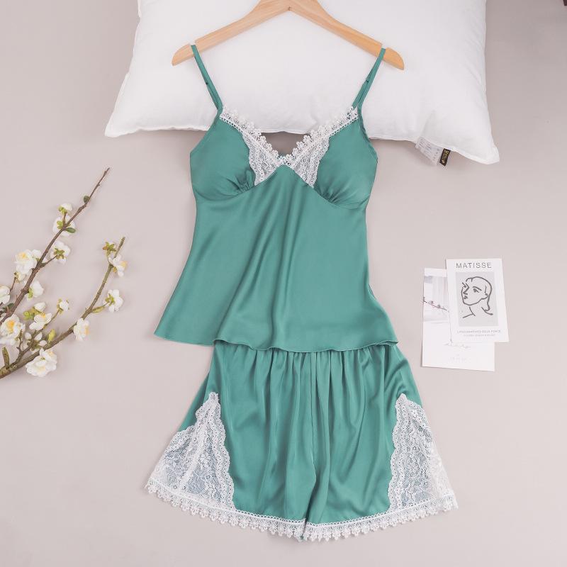 Summer satin pajamas women's silk sexy shorts casual women's lace loungewear set 1111 light luxury