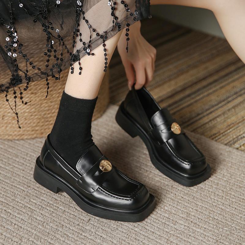 Casual fashion single shoes spring and summer new thick heel flat bottom black thick sole square head soft leather small leather shoes