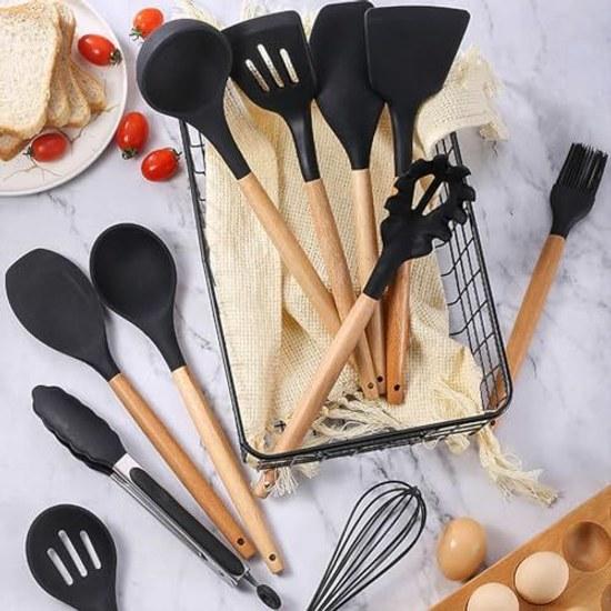 Hiino Kano kitchen tool set cooking utensils 13 pieces 14 heat-resistant silicone wooden handle gentle on pots dishwasher safe spatula ladle