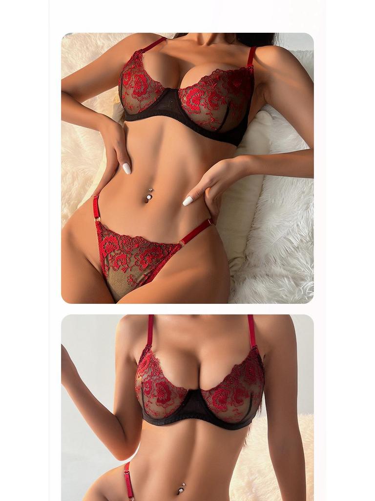 European & American Floral Embroidered Lingerie Set: Sexy Thin Bra with Side Support & Breathable Panties