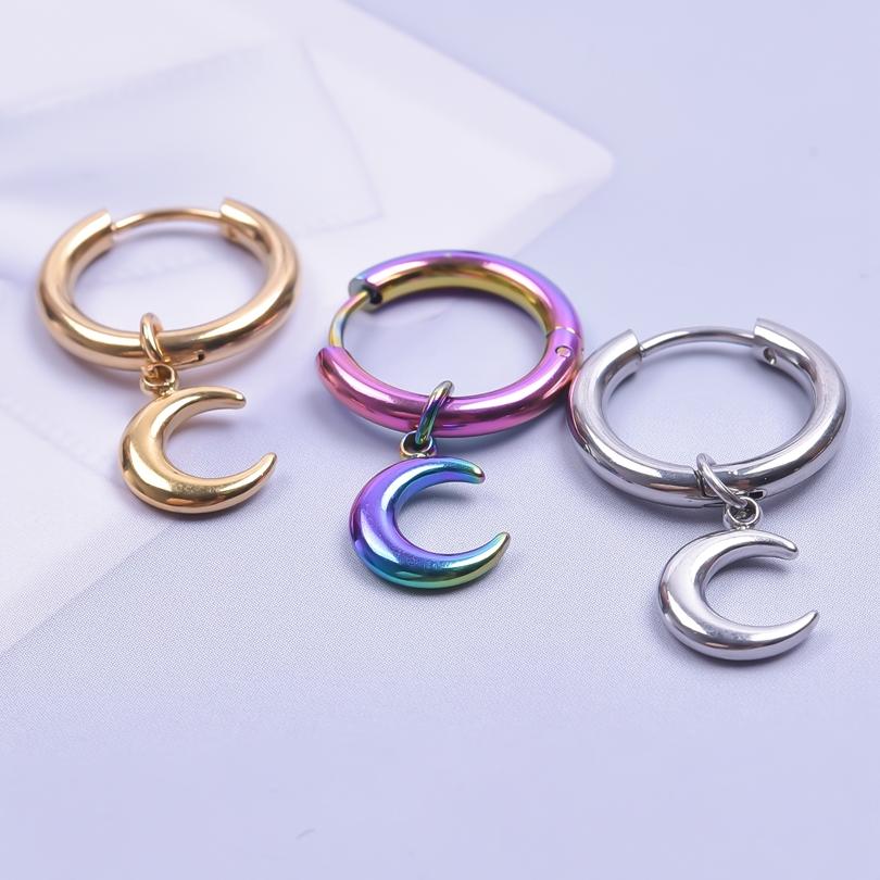 Upright Moon Charm Earring Lune Pendant Stainless Steel Earrings For Women Men Fashion Jewelry Round Hoops Piercing Oorbellen