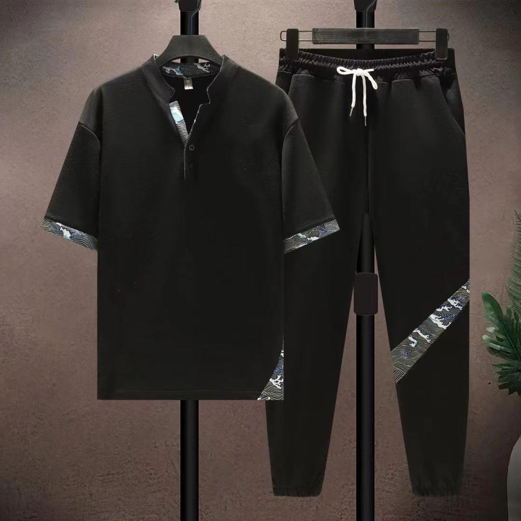(Hemd + Hose)Sommer Kurzarm Herrenhemd Druckmuster Herren Freizeithemden mit elastischer Taille Herren Zweiteiler Größe XS-4XL