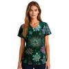 Ladies' Fashionable V-neck Pocket Short Sleeved Christmas Tree Printed Caregiver Shirt