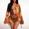European And American Print Sexy Lace-Up Long-Sleeved Blouse Bikini Three-Piece Swimsuit Boxers Slimming Swimsuit Women