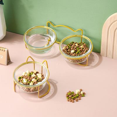 Double Glass Bowl Puppy Food Bowl Gold Stand Raised Water Feeder Bowl  Cat and Dog