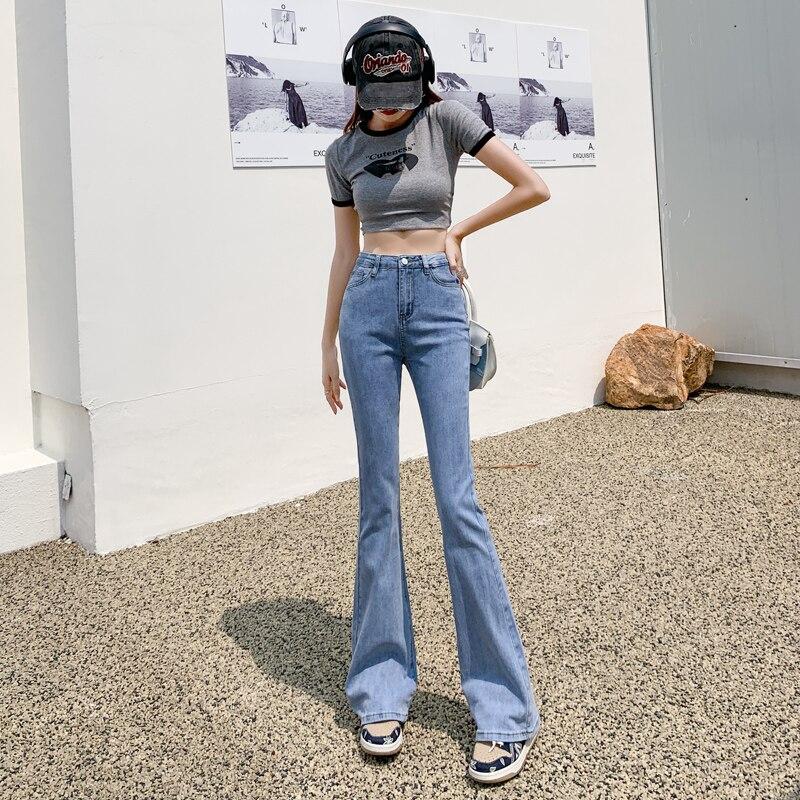 

Новая осенняя уличная одежда с высокой талией, свободные тонкие эластичные джинсы в корейском стиле, винтажные повседневные удобные джинсы для женщин, джинсы-клеш, брюки XXL светло-синий