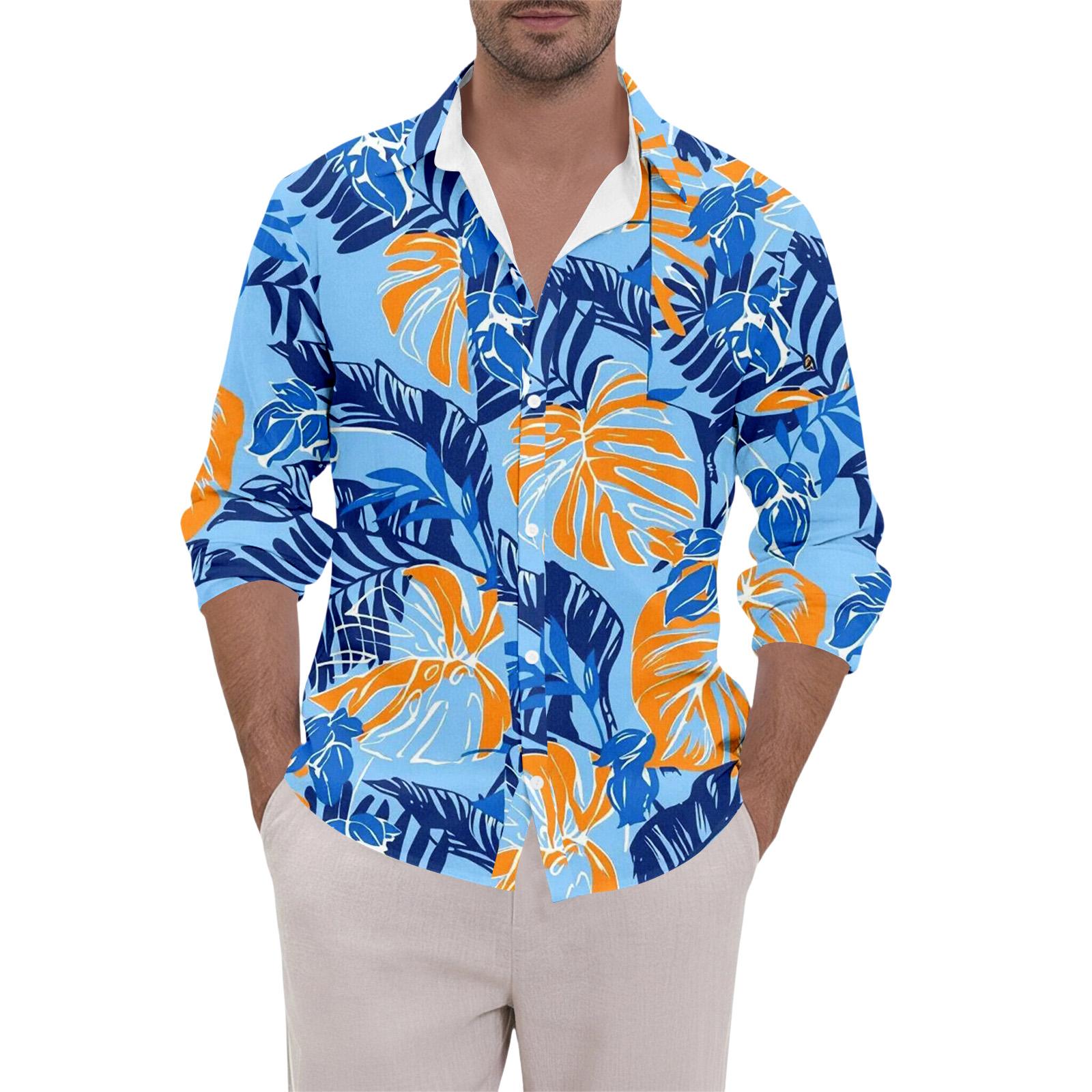 

Men s Hawaii Summer New Loose Long Sleeve Shirt Cardigan Beach Shirt XXXXL синий