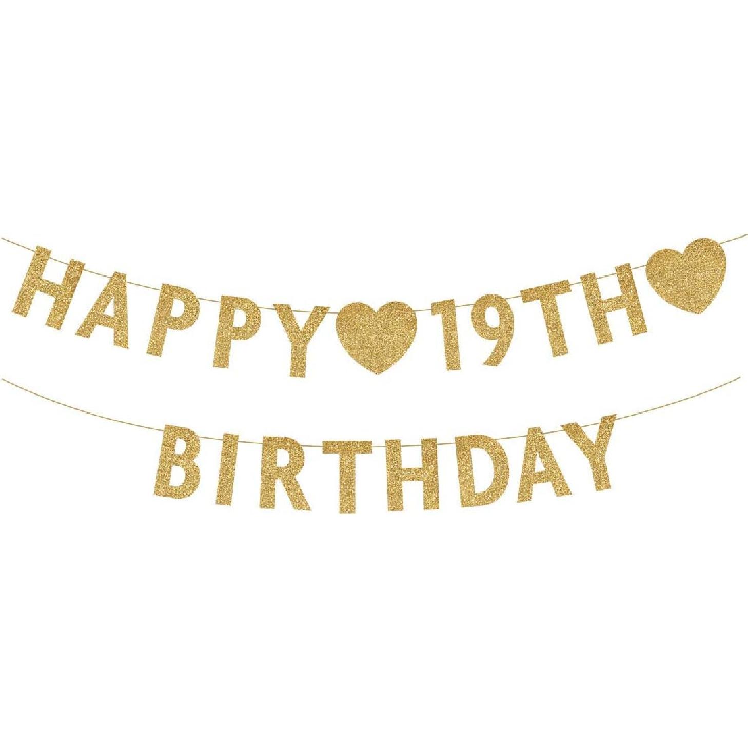 Rose Gold 19th Birthday Banner, Glitter Happy 19 Years Old Boy or Girl Party Decorations, Supplies GOLD-HAPPY
