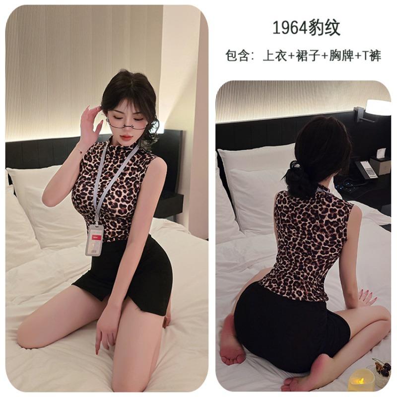 Sexy Lingerie Pure Desire Leopard Print Hip Skirt Uniform Suit No-take-off Sleeping Clothes