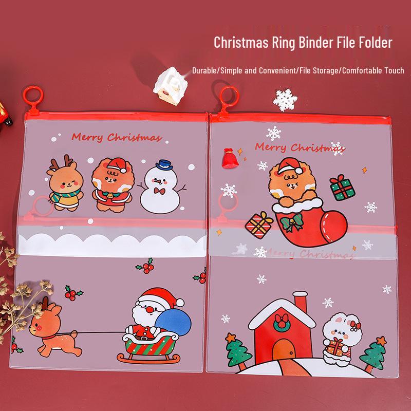 Cartoon Christmas Heart Zipper Ring Binder - Transparent Stationery Storage Bag