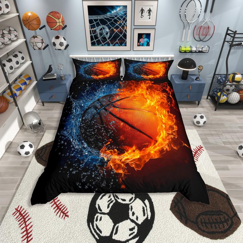 Homewish Boys Basketball Lover Duvet Cover Set,Modern Sport Player Bedding Set,Modern Ball Game Reversible Bed Set