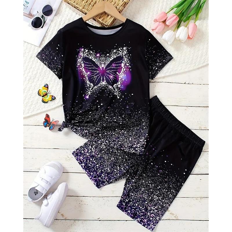 

Girls 3D Graphic Butterfly T-shirt & Shorts Set Short Sleeve Summer Spring Sports Fashion Daily Kids 4-12 Years 100