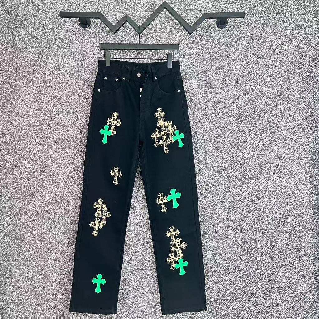 9922 CHROME HEARTS Men's and Women's American Style Trendy Jeans with Fabric Patches, Casual and Fashionable High Street Pants