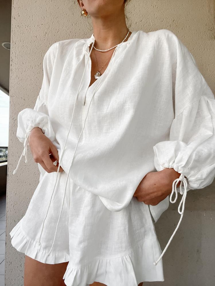 Fashion Casual Solid Loose V Neck 2 Piece Set Women France Designer Lace Up Long Sleeve Tops Female + Summer Chic High Waist  Wide Leg Short Pants