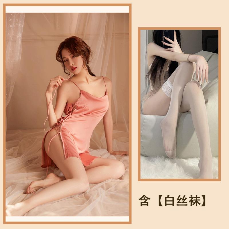 Dusk sexy underwear silky sexy pajamas women's side split-ended lace-up nightdress hot uniform home suit
