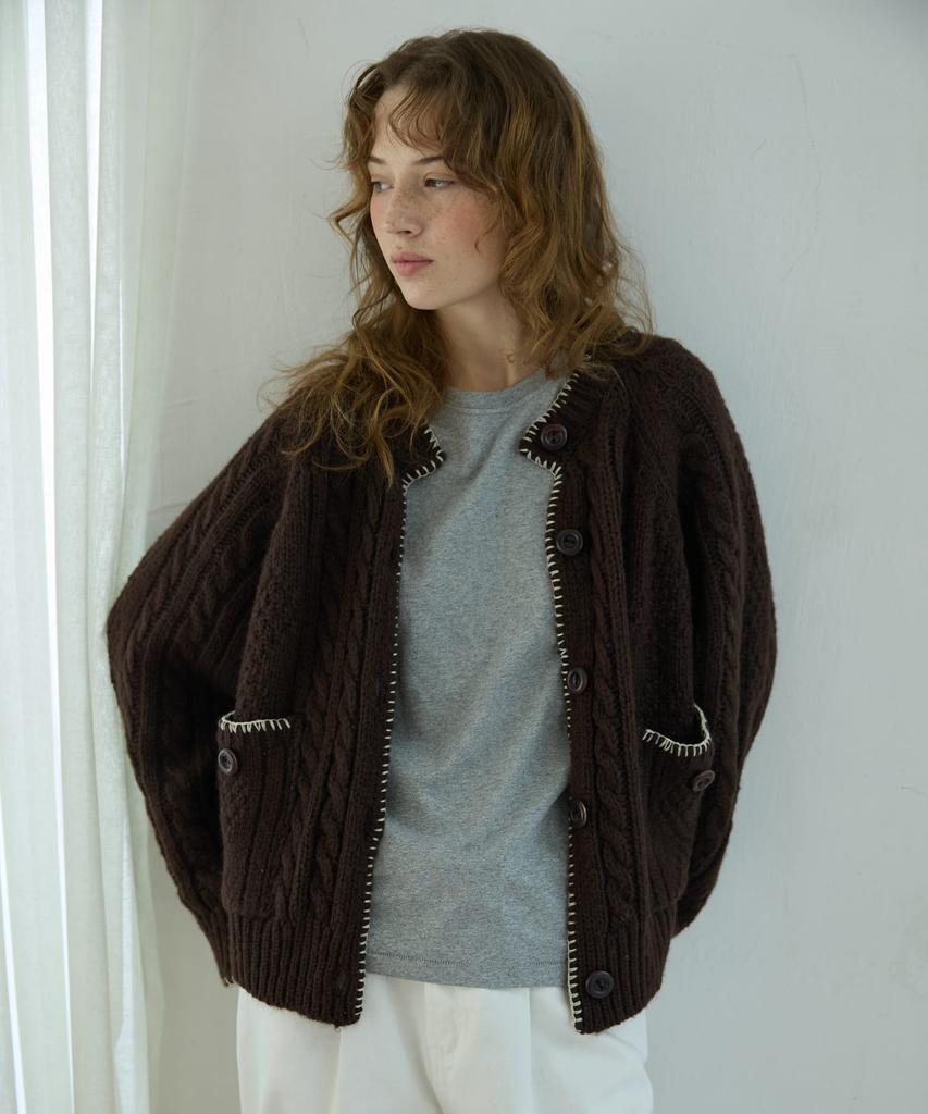 OPENDOORSTUDIO Whipstitch Cable Cardigan Brown