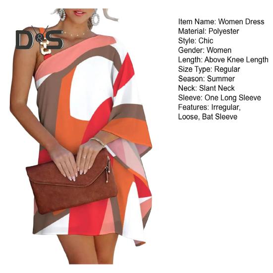 Letní dámské šaty s jedním netopýřím rukávem, odhalující rameno, s nepravidelným potiskem, šikmým výstřihem, volné, s řetízkovou dekorací, dovolenkové plážové minišaty