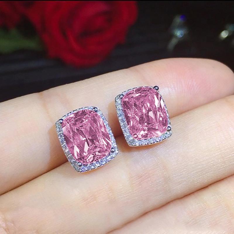 Delicate Square Women'S Stud Earrings, Full Of Diamonds And Pink Zircon Stud Earrings Jewelry.